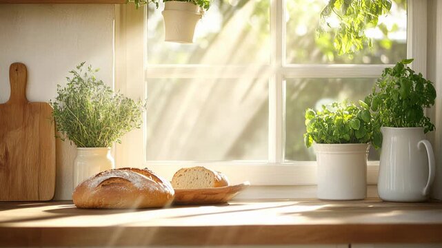 Warm sunbeams moving across fresh bread and herbs on a rustic wooden kitchen counter by a window