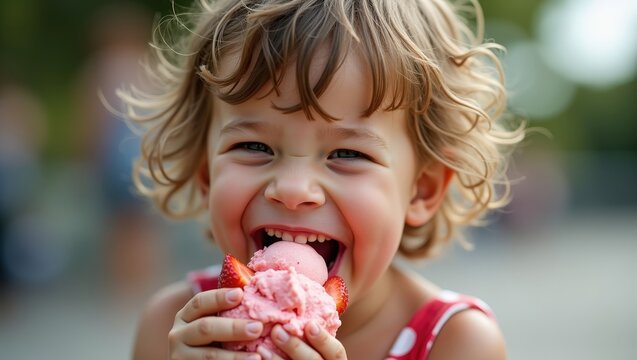 Cute toddler eating colorful ice cream outdoors at sunset, happy child with messy face enjoying sweet summer dessert, joyful childhood moment in warm evening light	