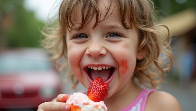Cute toddler eating colorful ice cream outdoors at sunset, happy child with messy face enjoying sweet summer dessert, joyful childhood moment in warm evening light	