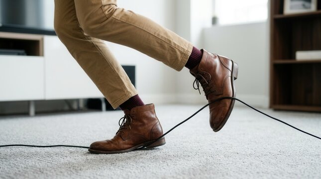 A person's feet stumble and trip over a black wire cord on the floor.