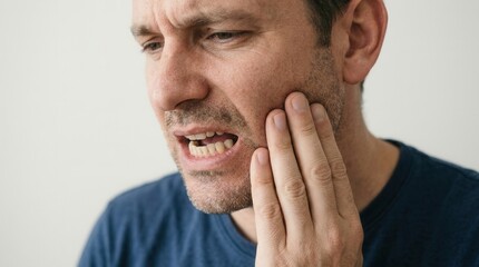 Naklejka premium Man experiencing a severe toothache with a missing tooth.
