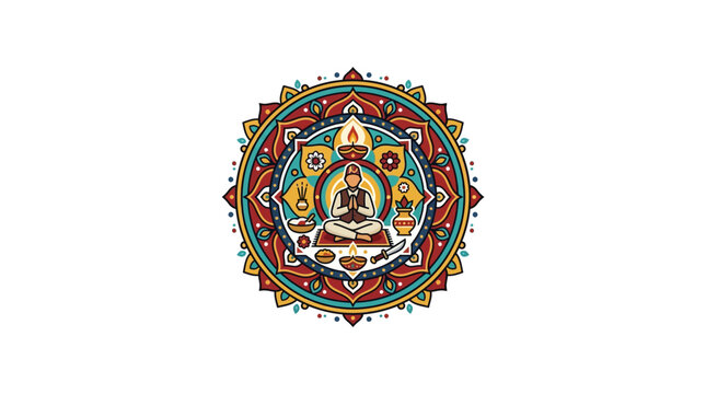 Hindu Prayer Mandala Vector Illustration with Meditating Figure