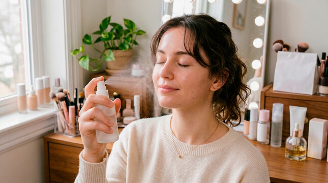 Woman applying facial mist spray for skincare routine at vanity table with makeup
