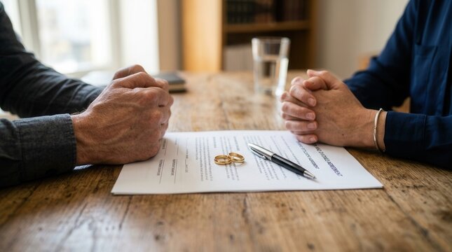 Close up of a couple's hands resting near a divorce agreement and wedding rings.