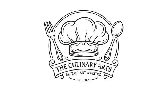 Vintage chef hat logo for The Culinary Arts Restaurant and Bistro, hand drawn toque with fork and spoon, elegant culinary emblem vector