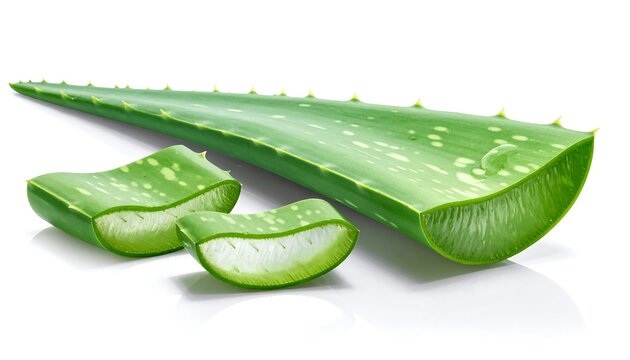 Close-up studio shot showing fresh, succulent green plant with segmented leaves and sharp edges, along with two sliced pieces