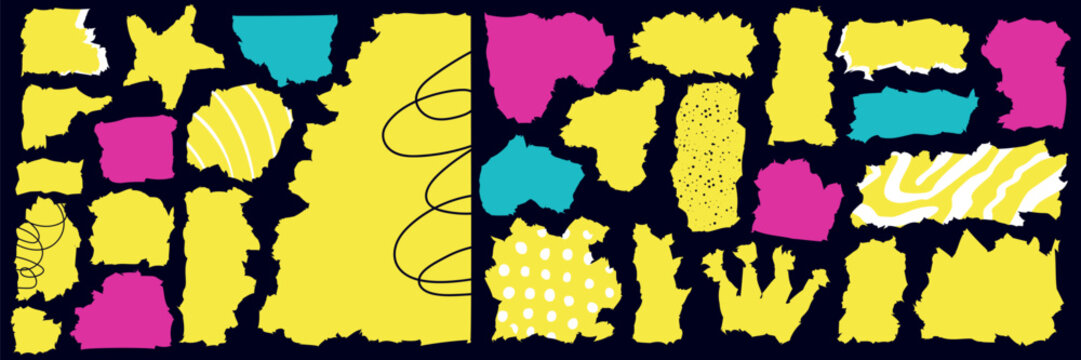 Collection of yellow, pink, blue ripped fragments with irregular borders and textured edges. Cutout elements for scrapbooking, sticker designs, retro posters and creative mixed media artwork.