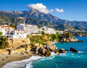 Fototapeta premium Coastal scene with white buildings on a cliff, turquoise water, rocky shore, and a mountain range in the background. Bright sunny day