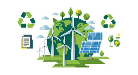 Eco-friendly energy concept: Earth, wind turbines, solar panels, recycling symbols © Dita