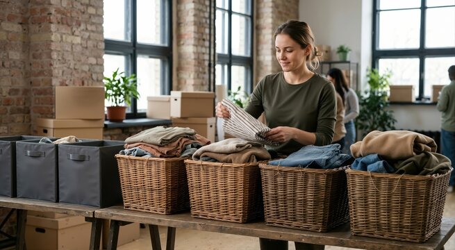 Woman sorting used clothes into baskets at a donation center. Clothing recycling and circular fashion economy. Sustainable lifestyle and charity concept
