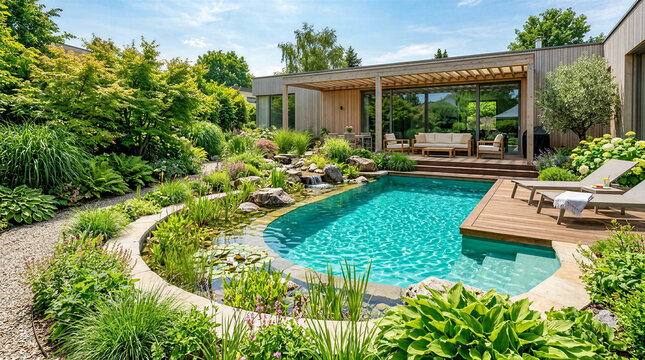 Modern house features landscaped garden with swimming pool and lounge chairs. Clear blue sky overhead with lush plants around. Concept of home design, outdoor living, relaxation