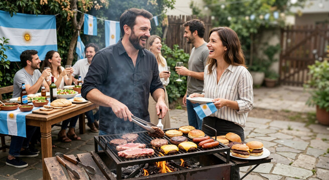 Man grilling hamburgers and meat on a barbecue at a backyard party. Woman holding an Argentinian flag during Independence Day celebration