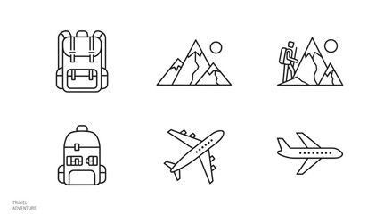 Fototapeta premium Travel Icons: Backpack, Mountains, Hiker, Airplane - Outline Set