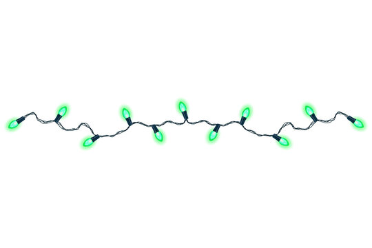 A horizontal string of glowing green christmas lights with dark wires arranged in a wavy pattern for holiday... isolated on a transparent background