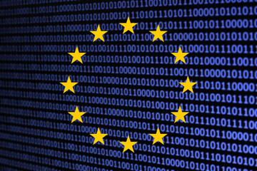 European Union stars over binary code on digital screen. Cybersecurity data protection and GDPR concept. EU technology regulation privacy and secure information network background.