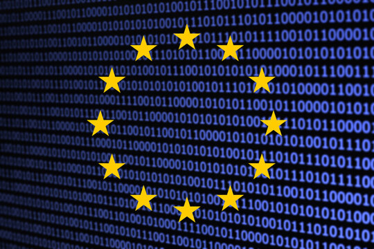 European Union stars over binary code on digital screen. Cybersecurity data protection and GDPR concept. EU technology regulation privacy and secure information network background.