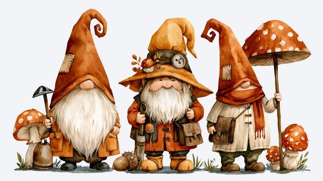 Watercolor clipart of a cute cheerful autumn gnome isolated on a white background. Whimsical seasonal character with cozy fall colors, ideal for invitations, stickers, cards, and festive decor.