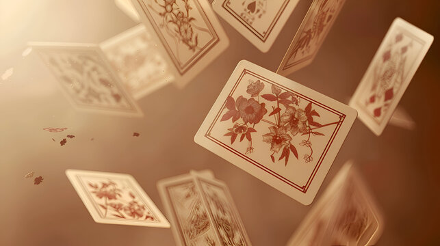 Floating floral playing cards in motion with sepia tones and soft light