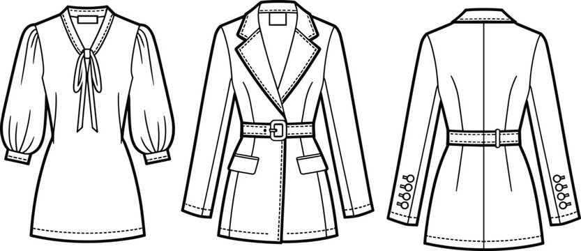 Fashion technical sketch of a women belted blazer jacket and tie neck dress set