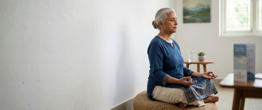 Senior South Asian woman meditating in lotus position at home. Elderly female practicing mindfulness and yoga for stress relief. Healthy aging and mental wellness concept