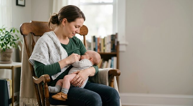 Mother breastfeeding her baby in a wooden rocking chair. Woman nursing infant in a cozy living room. World Breastfeeding Week concept
