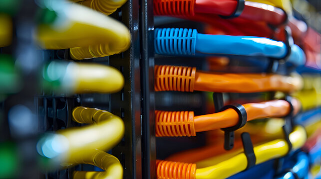 Close-up of colorful network cables organized in a data center rack