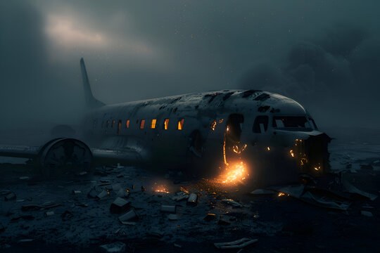 Abandoned plane wreck with fire in misty and desolate landscape