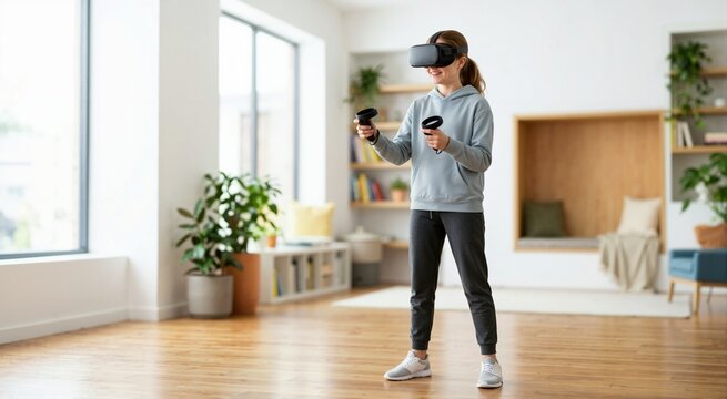 Teenage girl playing with virtual reality headset and controllers. Smiling teen experiencing VR gaming in a bright modern living room