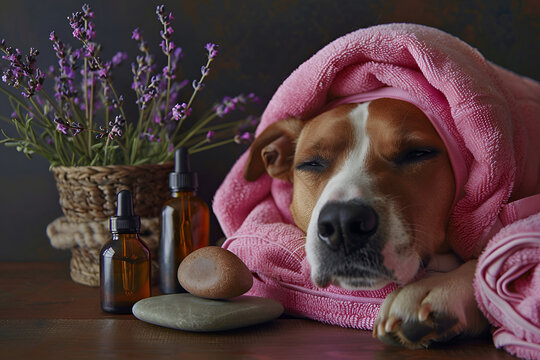 Relaxed dog enjoying spa day with lavender and aromatherapy