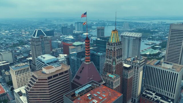 Skyscraper with United States flag, cinematic color grading