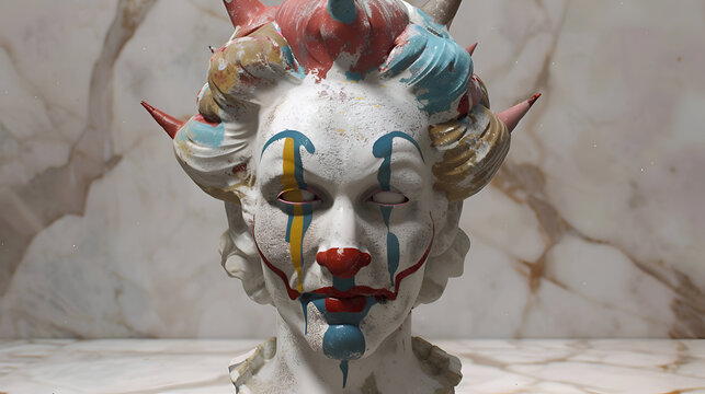 Abstract clown statue with devil horns and multicolored face paint on marble background