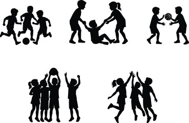 Obraz premium Children Playing and Teamwork Silhouette Set with Sports Friendship and Group Activities