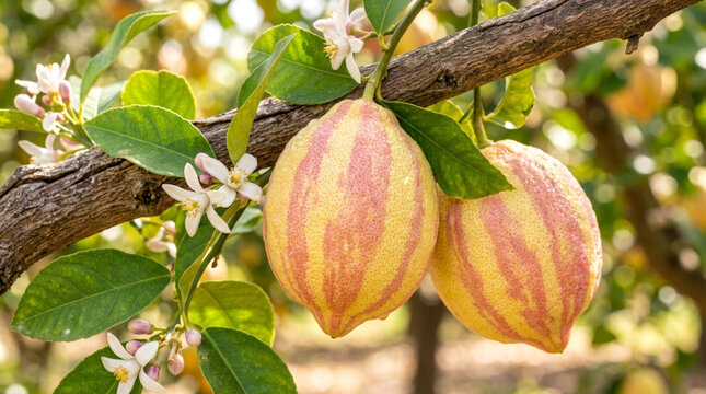 Ripe variegated pink lemons hanging on a branch with flowers in an orchard