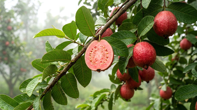 Fresh pink guava fruit hanging on a branch in a misty tropical orchard