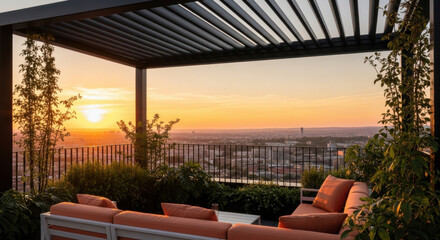 Obraz premium Luxury Rooftop Terrace With City View At Sunset Serene Outdoor Living Space