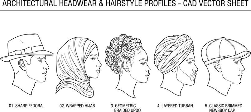 Architectural headwear and hairstyle CAD vector profiles collection featuring fedora hijab turban and caps in image_934e44.png