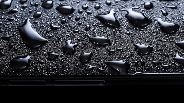 Rain shedding coated surface black phone screen with spherical water droplets showing surface tension interaction and hydrophobic treatment results