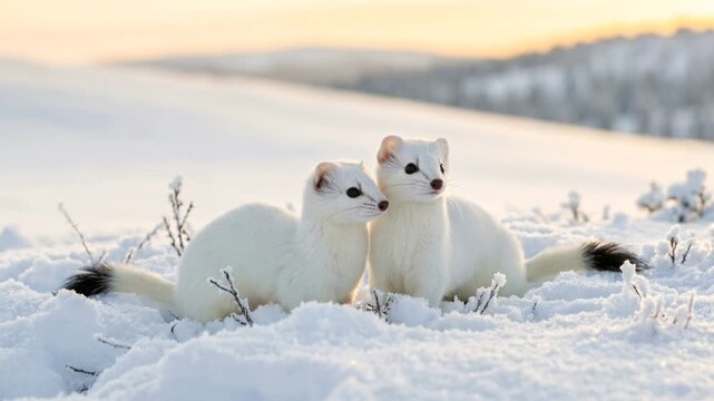 two ermine close up in scottish highlands golden light snow landscape video