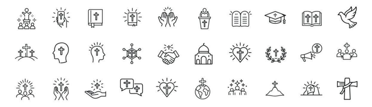 Christianity and church line icons set featuring holy scripture, flying peace dove, ten commandments tablets, savior crucifix & more vector illustration with editable stroke.
