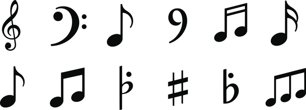 Black musical notation silhouettes, treble clef and note vector illustration set, sheet music design collection, rhythm and pitch artwork