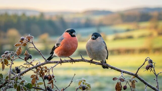 two eurasian bullfinch birds close up in europe forest at morning light video