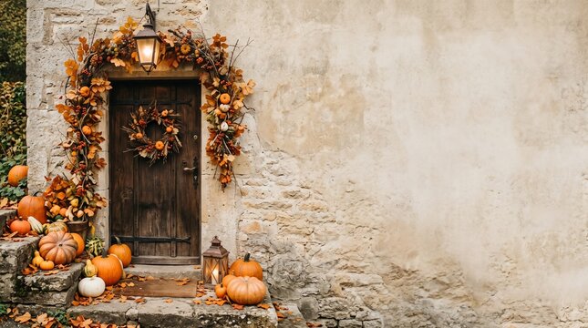 Autumn Harvest Decoration on Rustic Stone House Door with Pumpkins and Wreath