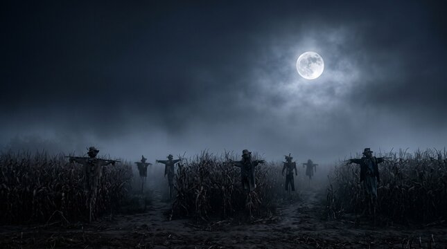 Spooky scarecrows in a foggy cornfield under a full moon