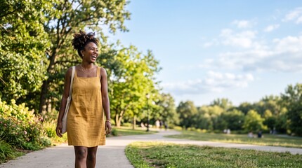 Fototapeta premium Happy Black Woman Walking in Park on Sunny Day