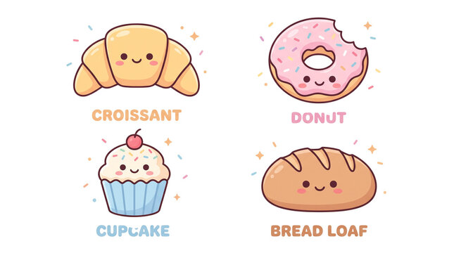 Kawaii bakery characters collection, cute croissant and donut with smiley faces, sweet cupcake and bread loaf illustrations, 4 pastry icons set isolated PNG with Transparent Background