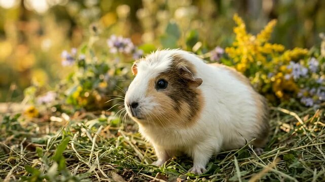 english crested guinea pig close up in garden at golden light video
