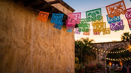 Fototapeta premium Papel Picado Banners Decorate Outdoor Courtyard During Sunset Celebration