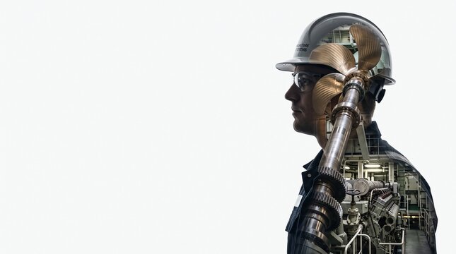 Double Exposure Marine Engineer Silhouette with Ship Propeller and Engine Shaft on Clean White Background