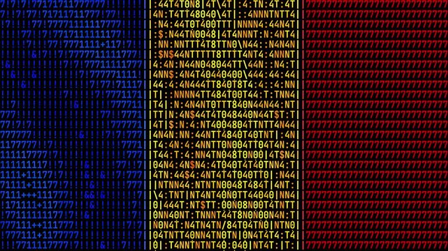 Digital Romanian flag with computer code, Romania national flag made of programming characters, blue yellow and red glitch data background