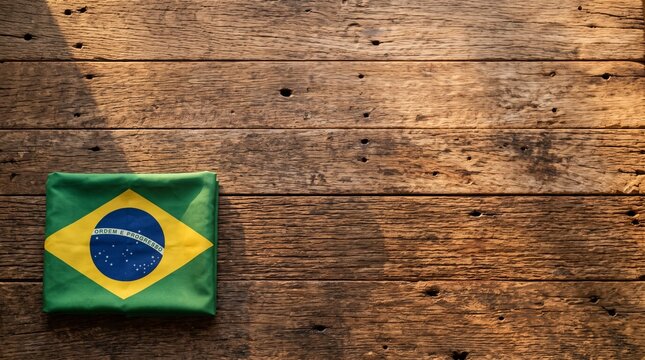 Brazilian flag folded on a rustic wooden table with natural light